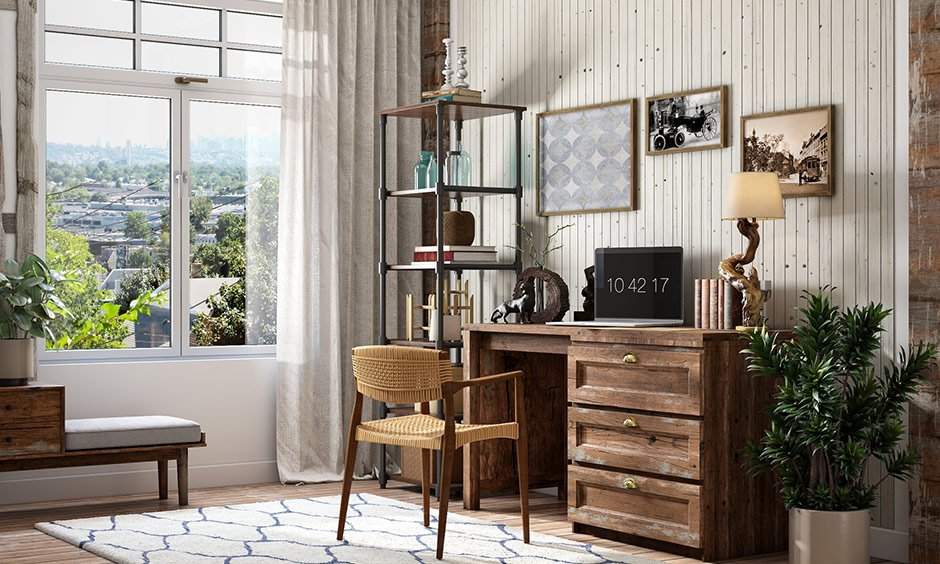A rustic modern study room which consists of a wooden study table with storage drawers and a wooden chair