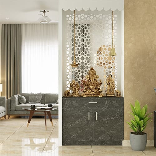 Affordable interior designers in Vadodara created a living room with a pooja unit