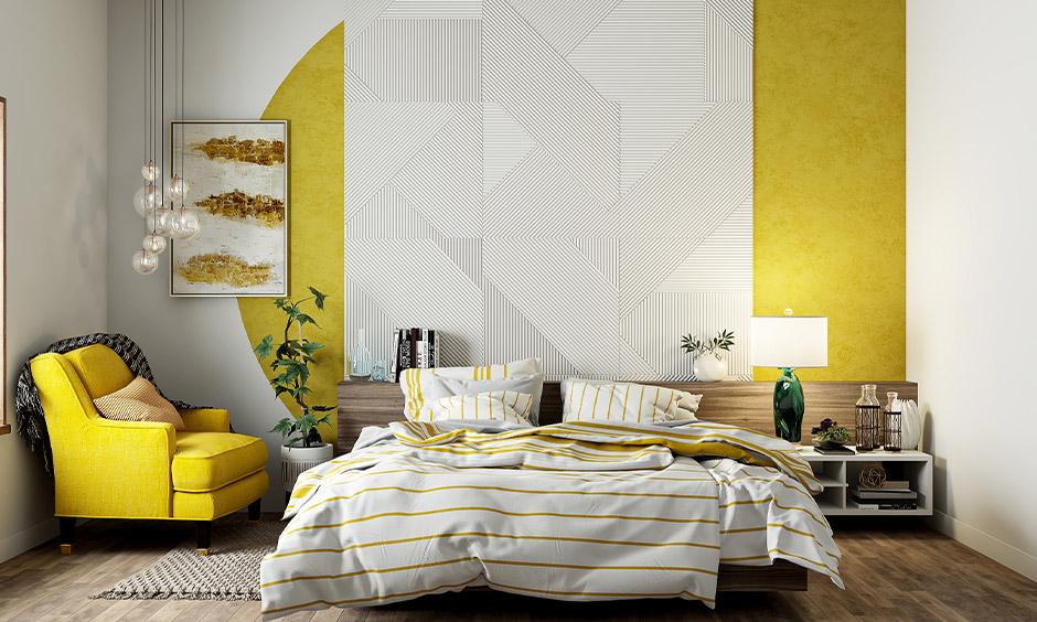 Bedroom wall decor, which is textured and has statement art