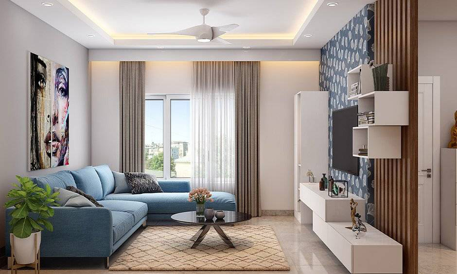 Warm brown , grey and blue living room which exudes a modern and relaxed vibe