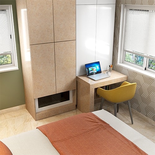Budget interior designers in Delhi designed a wardrobe with a pull-out study table