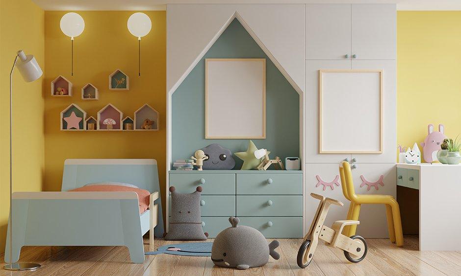 Kids' yellow bedroom with dual tones, big lights, and clean open flooring