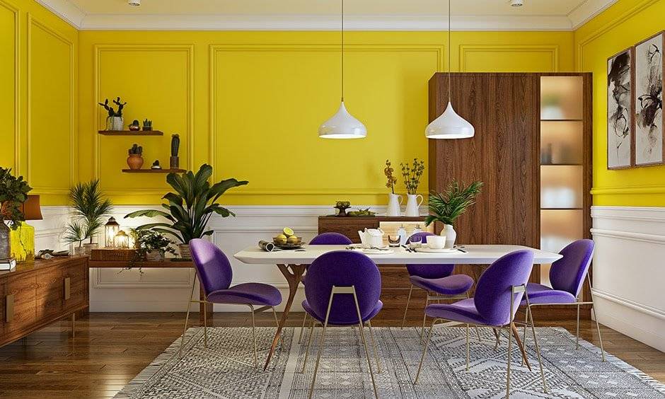 Dining room paint colors with yellow, white and purple coloured dining chairs