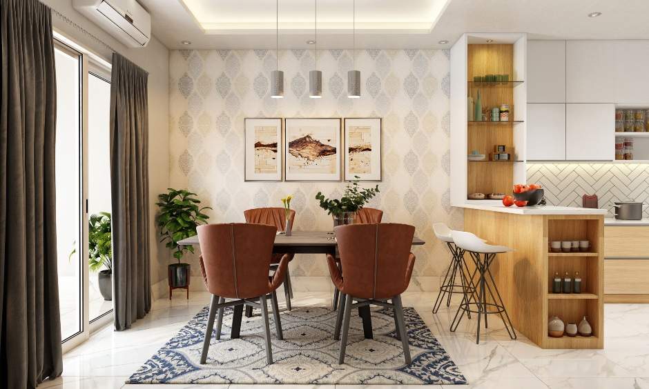 Stylish simple dining ceiling design with warm pendant lighting made of natural materials.