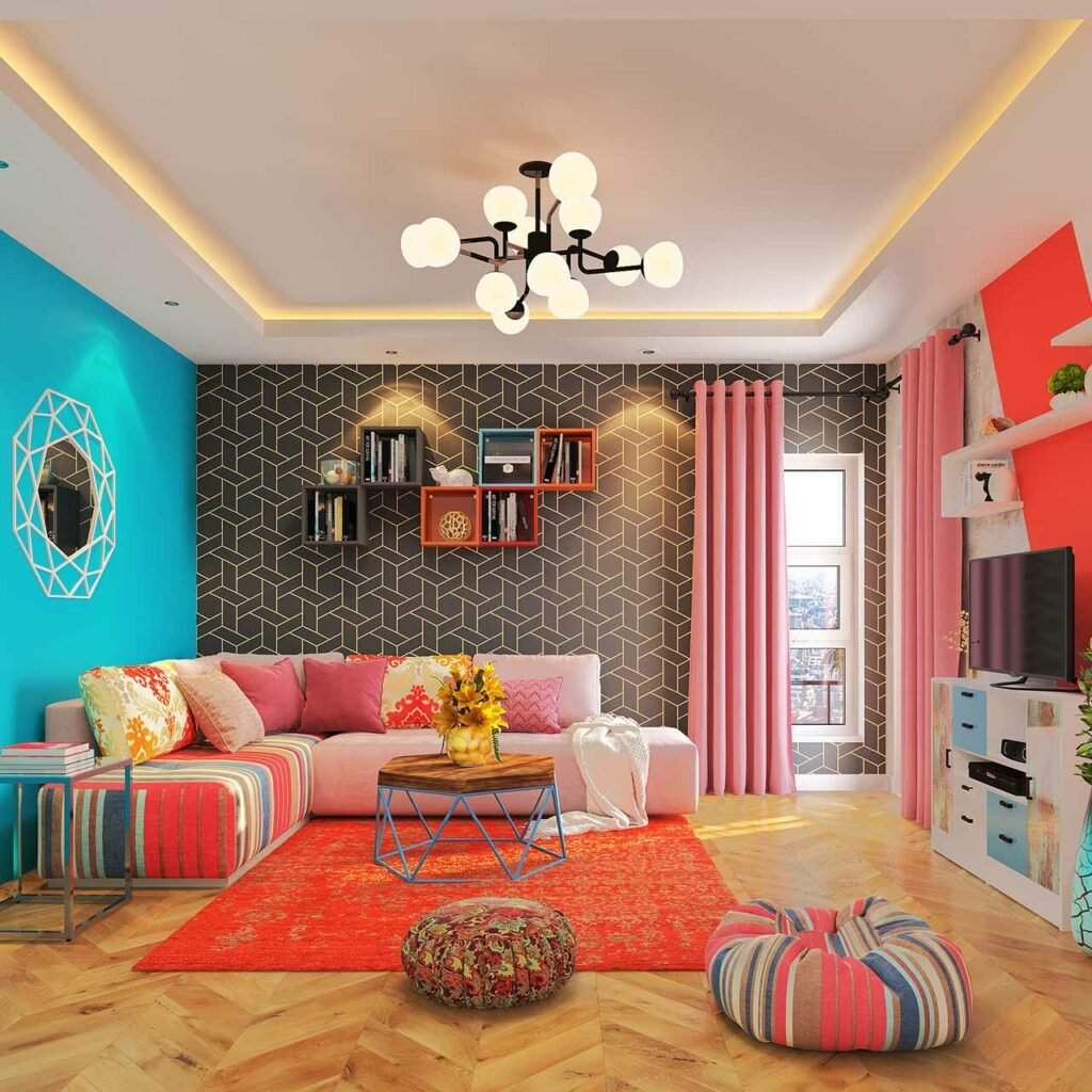 Top Furniture trends of 2019 showcasing Geometric Patterns On Wall and multicoloured striped sofas.