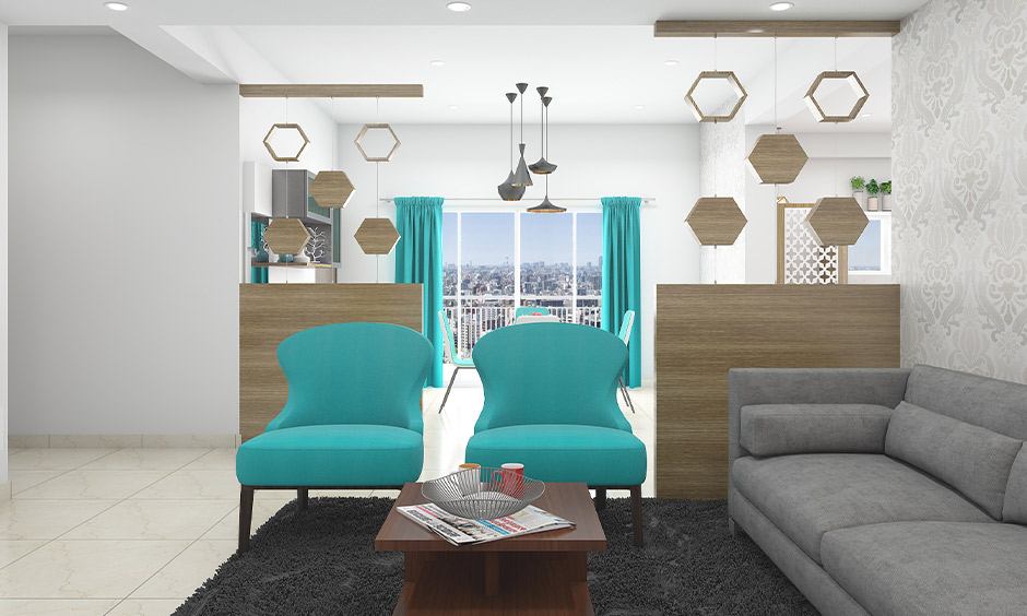 Grey and sea blue living room to add a unique look to the space