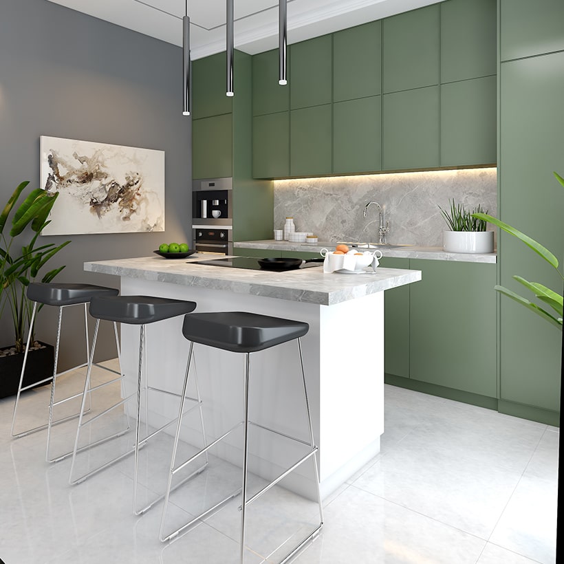 Kitchen island exactly matches the cabinets, down to the finish and colour