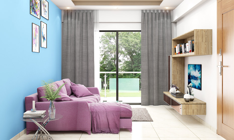 Lavender, grey and sky blue living room, which gives a romantic vibe
