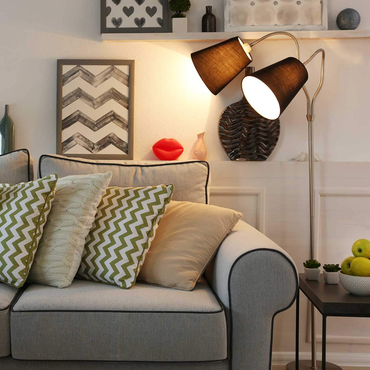 Living room interior which has lots of light fixtures