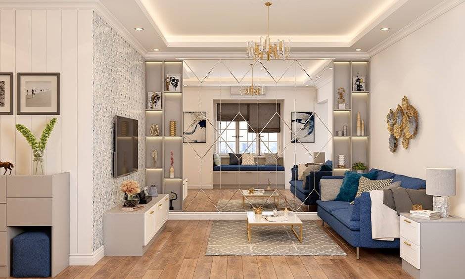 Small living room interior having mirror wall panelling
