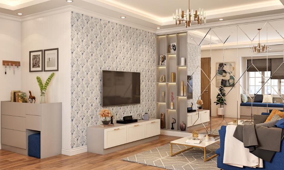 Diamond-cut mirror panels as a living room wall panelling idea to enhance light and space.