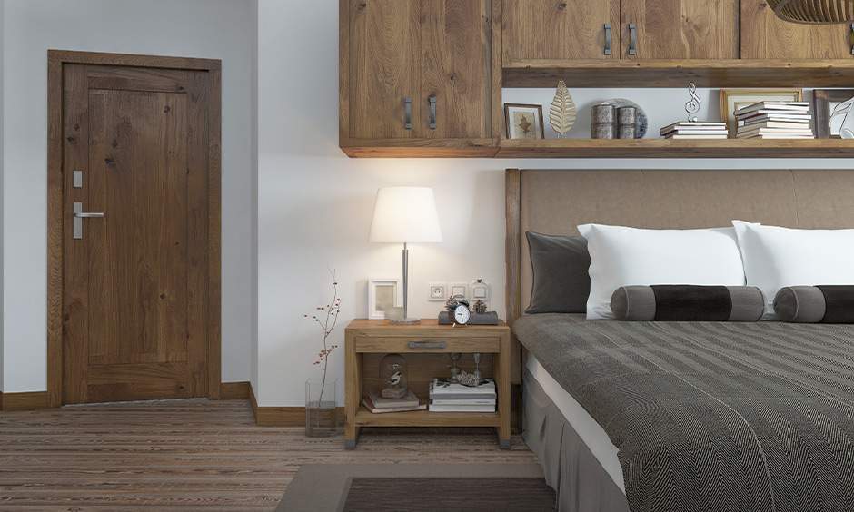 Single-panel wooden bedroom door with vertical handle for a minimal modern look