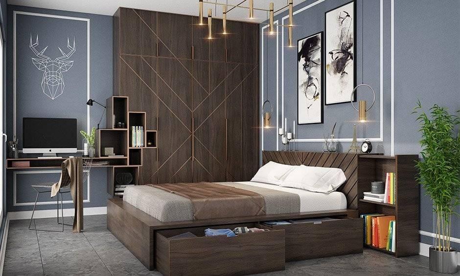 Modern bedroom wall stencil design in a geometric style for a bold look