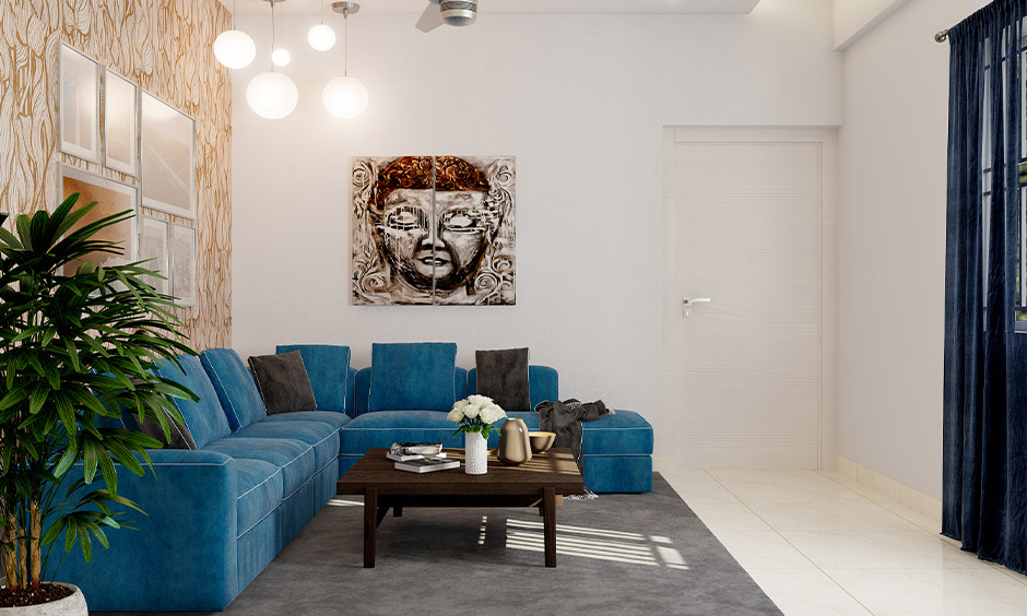 Modern grey and blue living room, which is a combination of bold and neutral tones