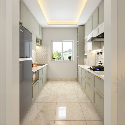 Modern parallel kitchen design in Chennai with neutral tones and open shelves