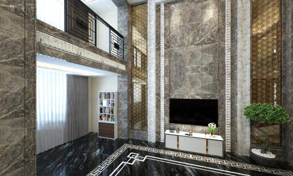 Stone-finish panels create a sophisticated modern wall panelling design for living room with marble textures.