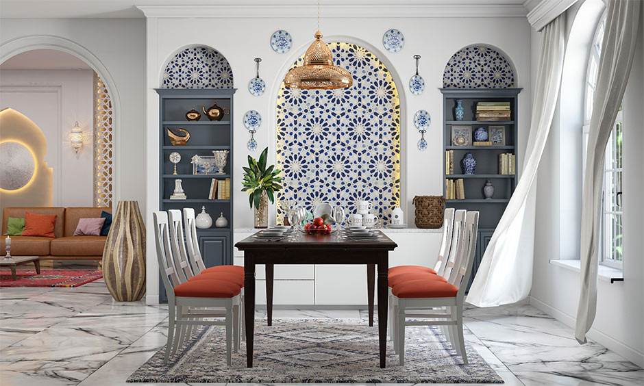 Moroccan-style ethnic home wall decor, which creates a visual drama