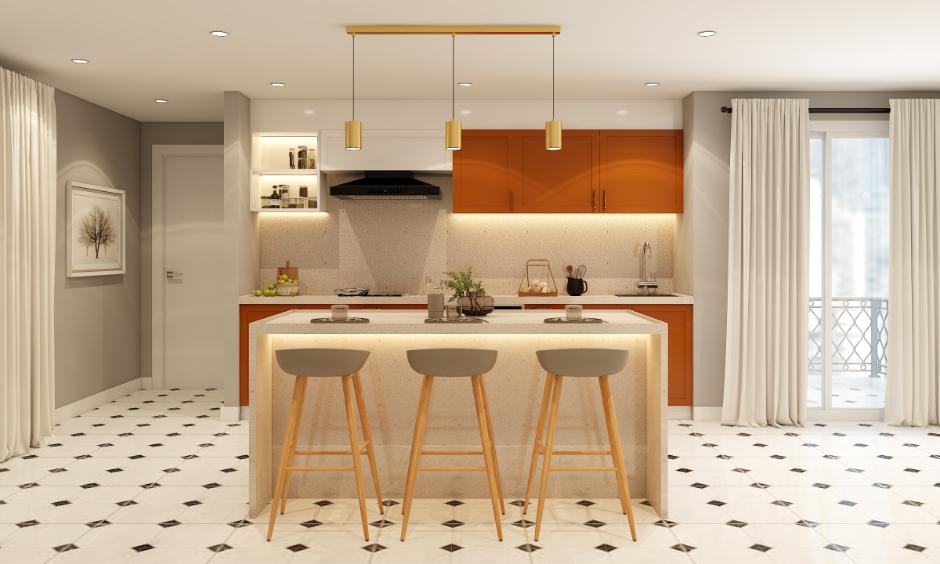 Contemporary kitchen with minimalist furniture and smart storage solutions.