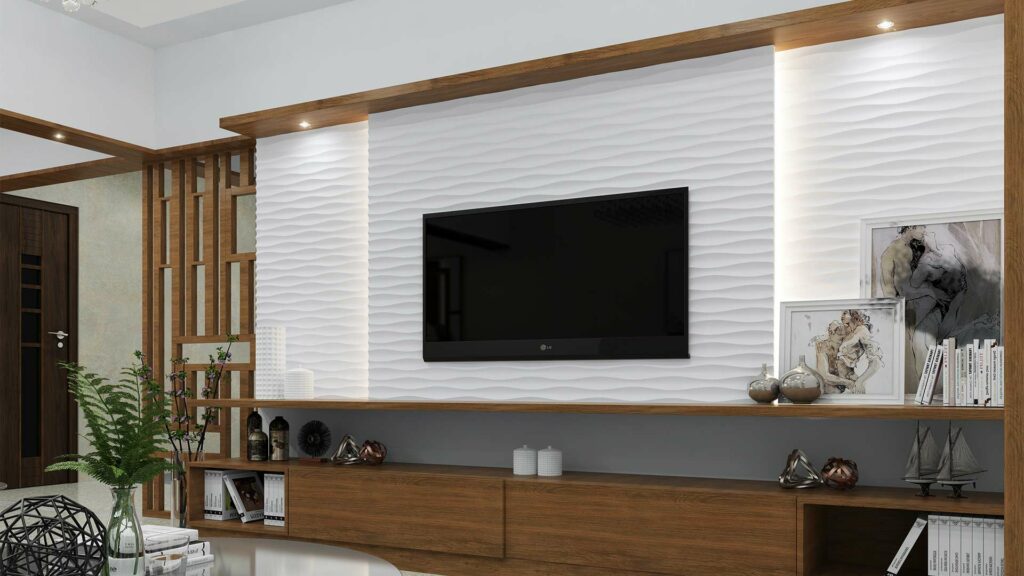 Wave-textured PVC wall panel design for living room adds a durable, stylish backdrop behind the TV.