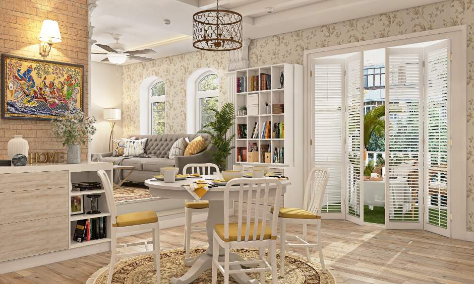 Subtle, simple dining table decor with a handwoven runner, fruit bowl, and floral vase centrepiece.