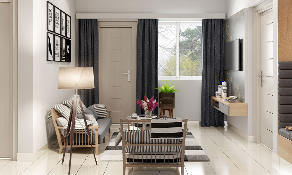 Eco-friendly living room interior design in neutral tones, which looks simple