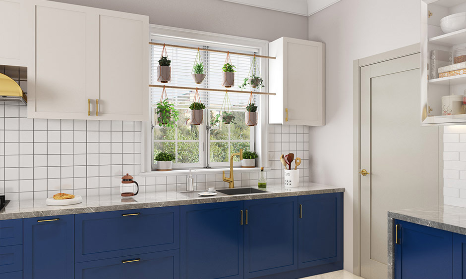 Trendy kitchen window design with hanging planters brings a refreshing greenhouse effect