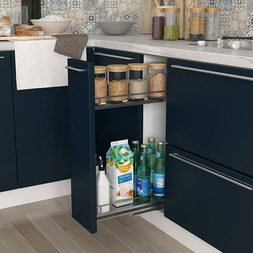 Select a pull-out pantry proportionate to the space is the best space saving idea for small kitchen