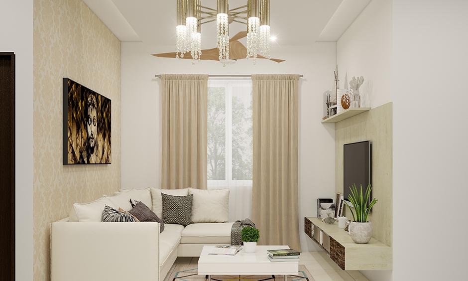 Mixed finishes chandelier adding style to a compact modern living room