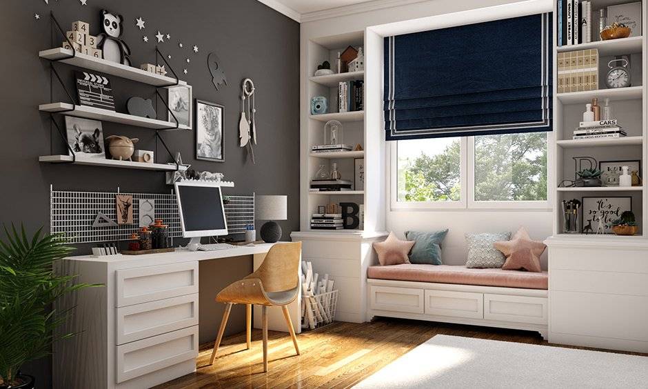 White and grey study room color combination for modern and sophisticated.