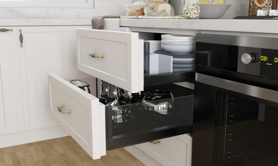 Comparison of wire baskets and tandem drawers in kitchen storage.