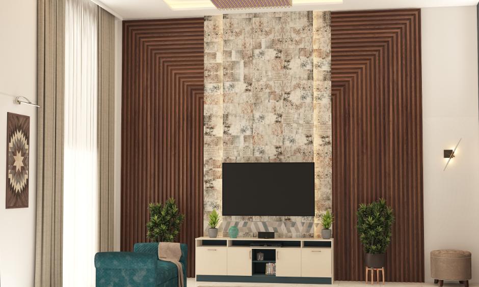 Dark wooden slat design adds warmth and texture as wood panelling for living room walls.