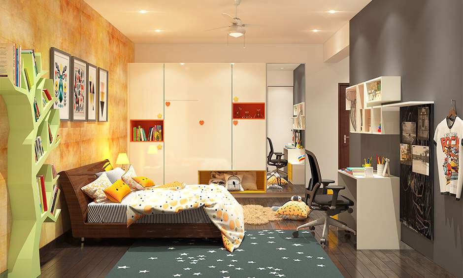 Blue and yellow bedroom with minion theme and natural light